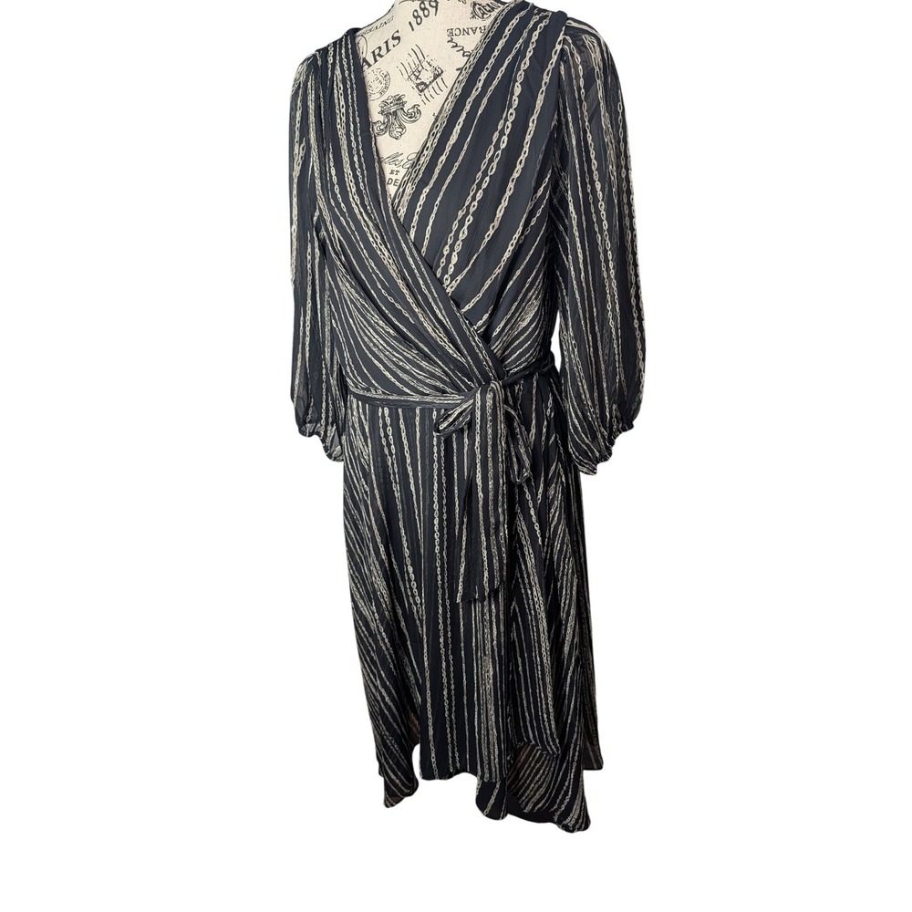 DKNY Womens Faux Wrap Midi Dress Black Gray‎ Chain Link Stripe Size 14 V-Neck